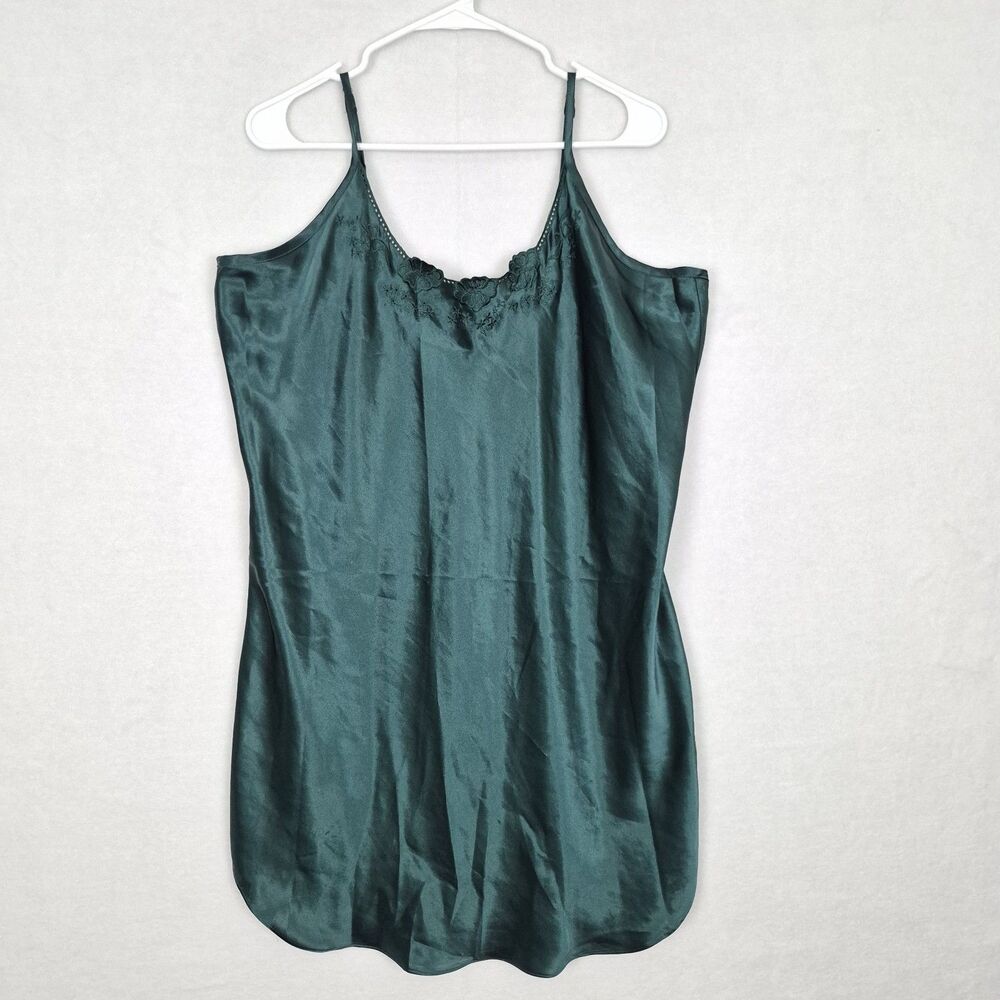VTG Forest‎ Green Xl Lace Satin Slip Dress Feminine Whimsy Romantic Adjustable